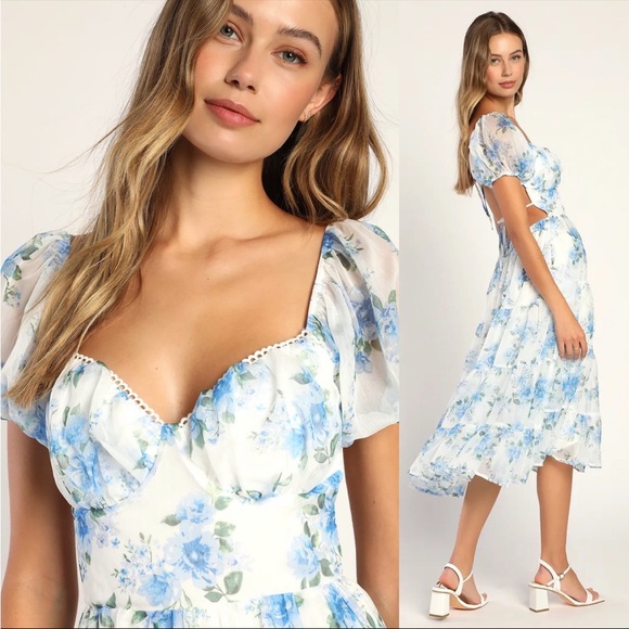 White and Blue Floral Puff Sleeve Bustier Backless Midi Dress 🌿 - Picture 4 of 13